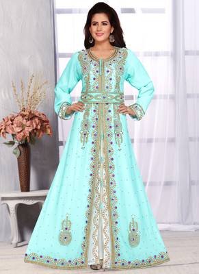 Turquoise embroidered georgette islamic kaftans With Sun-proof hijab 1