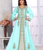 Turquoise embroidered georgette islamic kaftans With Sun-proof hijab.