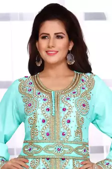 Turquoise embroidered georgette islamic kaftans With Sun-proof hijab