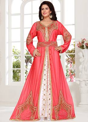 Pink embroidered georgette islamic kaftans with hijab 1