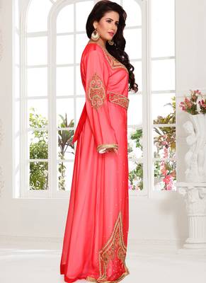 Pink embroidered georgette islamic kaftans with hijab 2