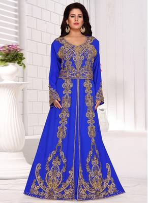 Blue embroidered georgette islamic kaftans With Sun-proof hijab 1