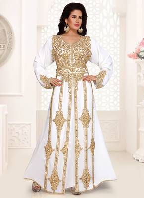 White embroidered georgette islamic kaftans With Sun-proof hijab 1