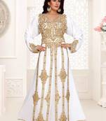 White embroidered georgette islamic kaftans With Sun-proof hijab.