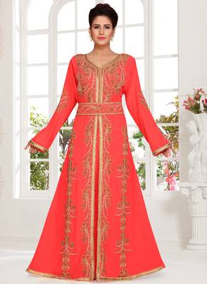 Pink embroidered georgette islamic kaftans with hijab 1