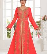 Pink embroidered georgette islamic kaftans with hijab