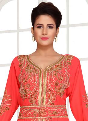 Pink embroidered georgette islamic kaftans with hijab 4