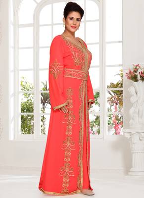 Pink embroidered georgette islamic kaftans with hijab 5