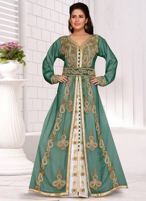 Green embroidered georgette islamic kaftans With Sun-proof hijab 1