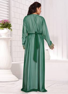 Green embroidered georgette islamic kaftans With Sun-proof hijab 4