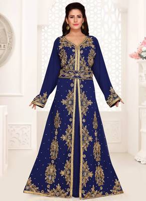 Blue embroidered georgette islamic kaftans With Sun-proof hijab 2