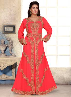 Pink embroidered georgette islamic kaftans with hijab 1