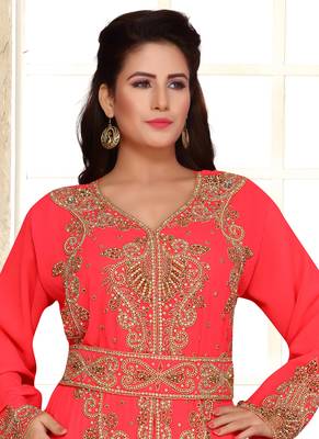 Pink embroidered georgette islamic kaftans with hijab 3