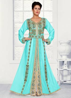 Turquoise embroidered georgette islamic kaftans With Sun-proof hijab 1