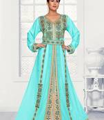Turquoise embroidered georgette islamic kaftans With Sun-proof hijab