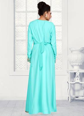 Turquoise embroidered georgette islamic kaftans With Sun-proof hijab 3