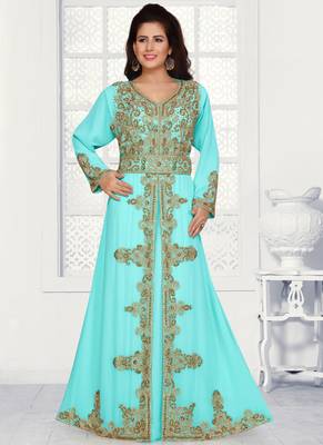 Turquoise embroidered georgette islamic kaftans With Sun-proof hijab 1