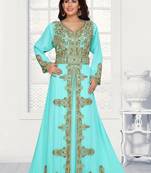 Turquoise embroidered georgette islamic kaftans With Sun-proof hijab