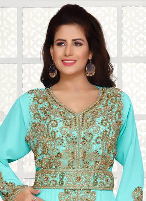 Turquoise embroidered georgette islamic kaftans With Sun-proof hijab 2