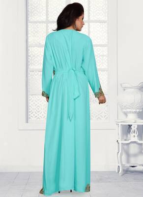 Turquoise embroidered georgette islamic kaftans With Sun-proof hijab 3