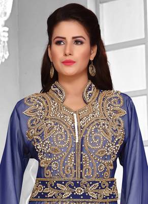 Blue embroidered georgette islamic kaftans With Sun-proof hijab 3
