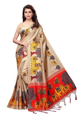 Beige printed art silk saree with blouse 1
