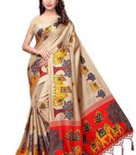 Beige printed art silk saree with blouse