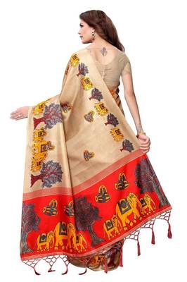Beige printed art silk saree with blouse 2