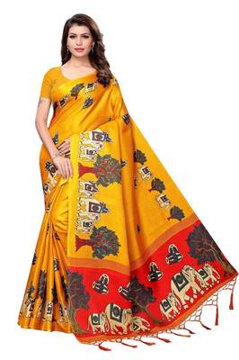 Yellow printed art silk saree with blouse 1