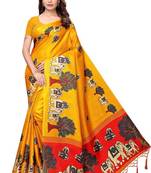Yellow printed art silk saree with blouse