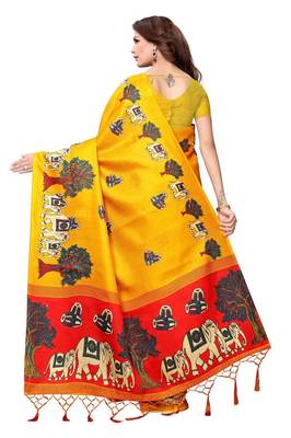 Yellow printed art silk saree with blouse 2