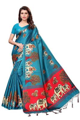 Green printed art silk saree with blouse 1