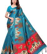 Green printed art silk saree with blouse