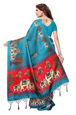 Green printed art silk saree with blouse 2