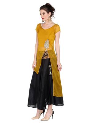 Ira Soleil Yellow Kurta with Embroidered Patch on waist 3