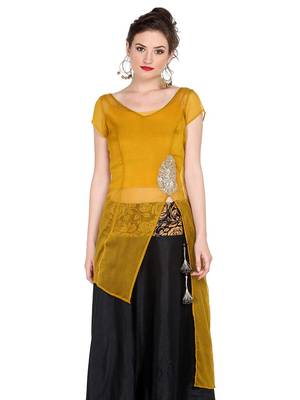 Ira Soleil Yellow Kurta with Embroidered Patch on waist 5