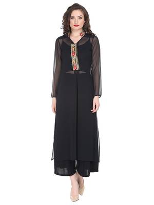 Black sheer kurta with embroidered placket and collar. 1