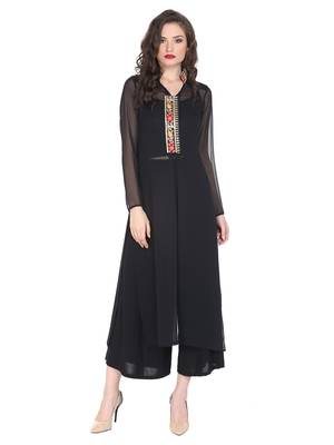 Black sheer kurta with embroidered placket and collar. 2