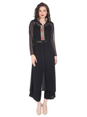 Black sheer kurta with embroidered placket and collar. 3