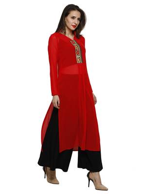 Red kurta with embroidered placket in light georgette fabric 1