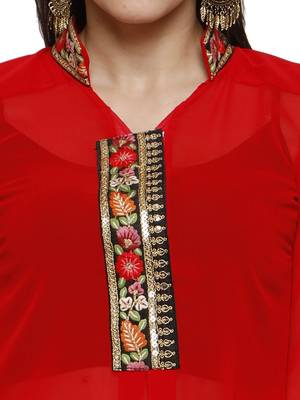 Red kurta with embroidered placket in light georgette fabric 2