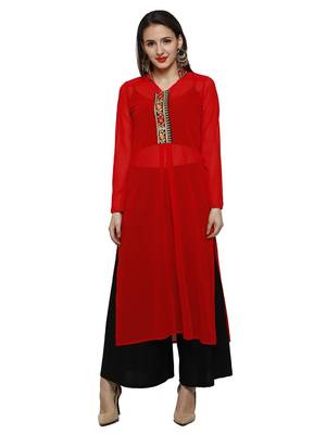 Red kurta with embroidered placket in light georgette fabric 3