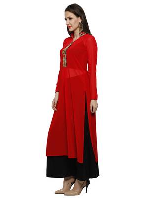 Red kurta with embroidered placket in light georgette fabric 4