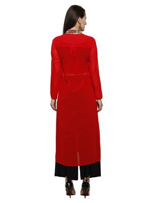 Red kurta with embroidered placket in light georgette fabric 5