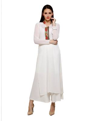 White Kurta with embroidered placket in light georgette fabric 1