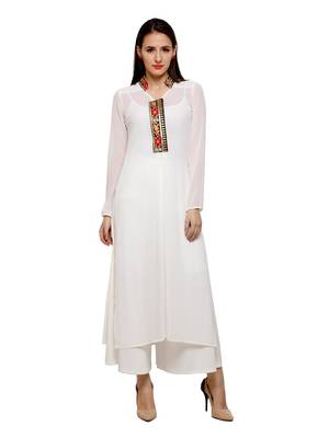 White Kurta with embroidered placket in light georgette fabric 2
