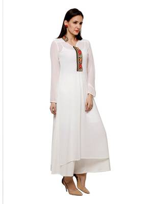White Kurta with embroidered placket in light georgette fabric 4