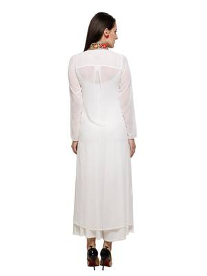 White Kurta with embroidered placket in light georgette fabric 5