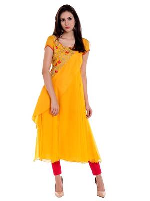 Ira Soleil Yellow Kurta with Embridered Yoke 1