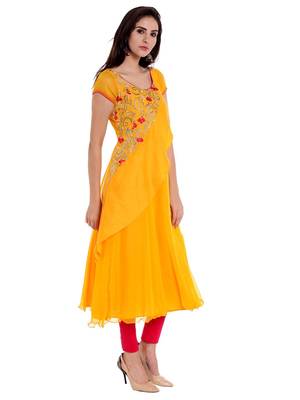 Ira Soleil Yellow Kurta with Embridered Yoke 3